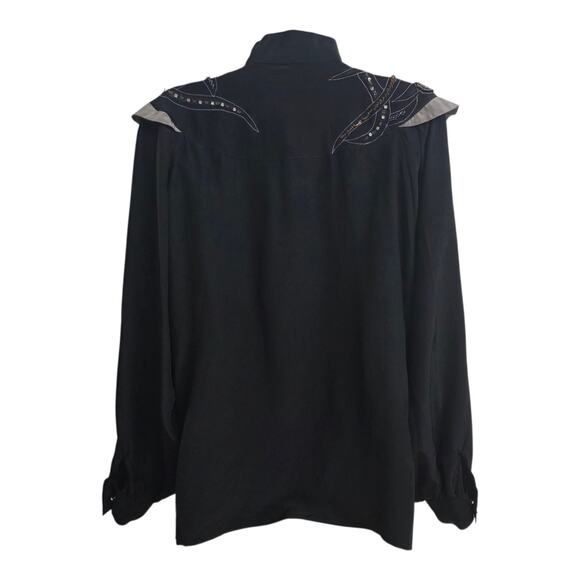 Vintage 90s Black Silk Blouse Beaded Rhinestone Western Glam Yoke Women’s S/M - Picture 3 of 7